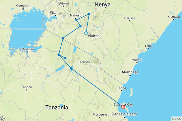 Carte du circuit 20 jours de safari seniors au Kenya et en Tanzanie