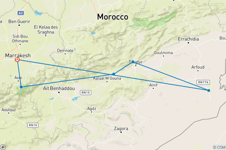 Karte von Naturvielfalt in Marokko: Atlas Gebirge und Merzouga Wüste - 4 Tage