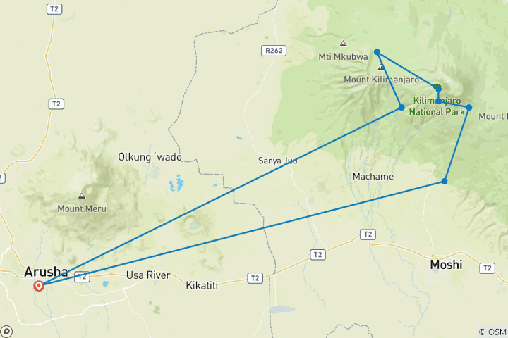 Karte von Kilimandscharo über Machame Route - 7 Tage