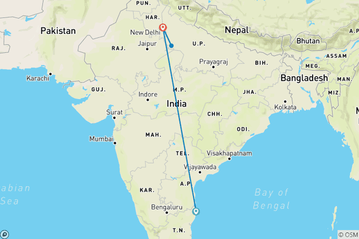 Carte du circuit Circuit privé de 2 jours au Taj Mahal au départ de Chennai avec vol