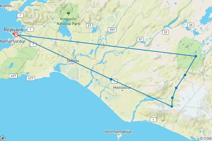 Map of Laugavegur Trek with glacier hike - 7 Day (Huts)