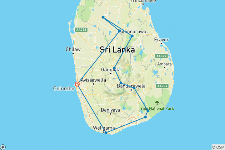 Map of Sri Lanka classic tour. 8-Days  with private driver, vehicle and H/B accommodations