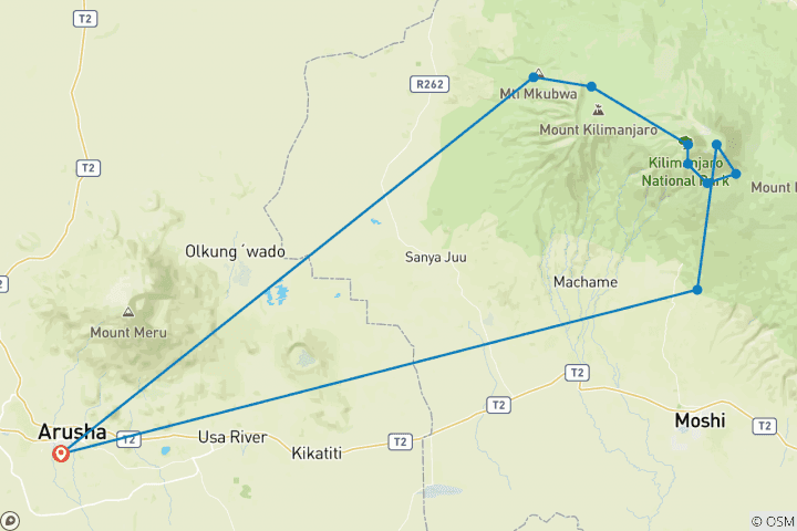 Karte von Kilimandscharo Besteigung über die Lemosho Route 7 Tage