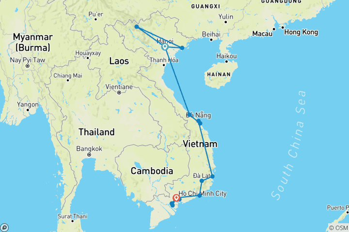 Carte du circuit Découverte du Vietnam 22 jours & 21 nuits De Hanoi à Ho Chi Minh Ville