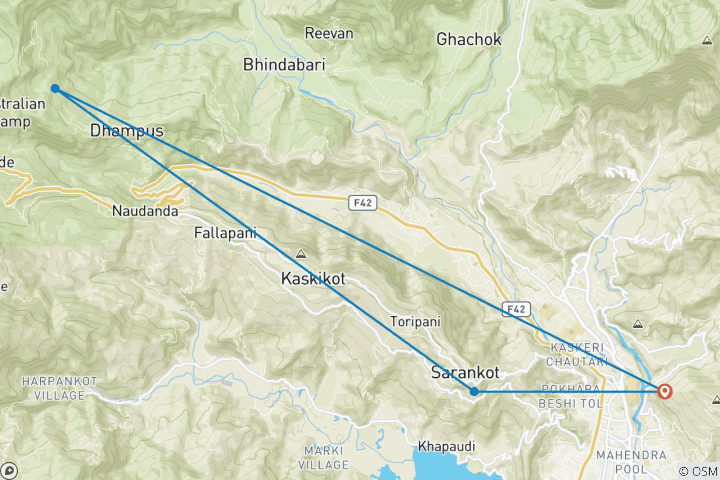 Carte du circuit Trek Dhampus au départ de Pokhara