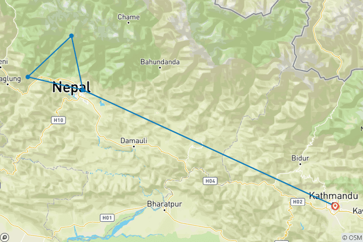 Karte von Mardi Himal Trekking von Kathmandu aus per Flug