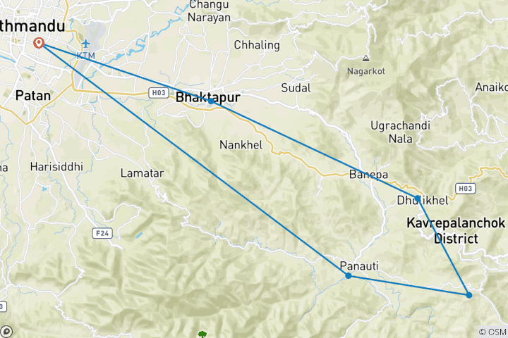 Mapa de Salida nocturna a Dulikhel Hillstation con viaje a Bhaktapur, Namobuddha y Panauti