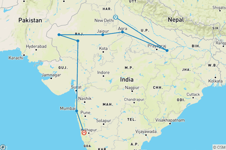 Carte du circuit 18 jours de merveilles indiennes : Treks dans le désert, spiritualité et culture de Varanasi