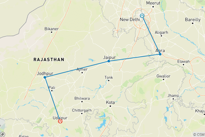 Mapa de Circuito de 7 días al triángulo de oro, Jodhpur y Udaipur