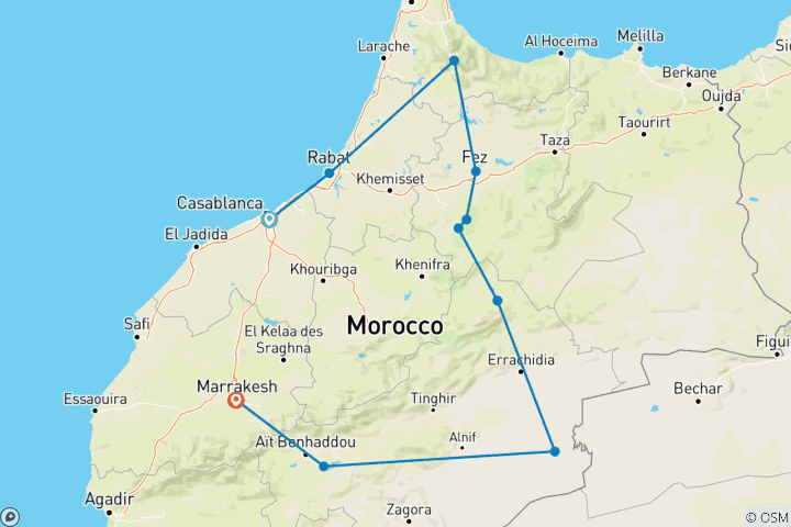Carte du circuit Privé 5 jours de Casablanca à Marrakech en visitant Chefchaouen, Fes et le désert
