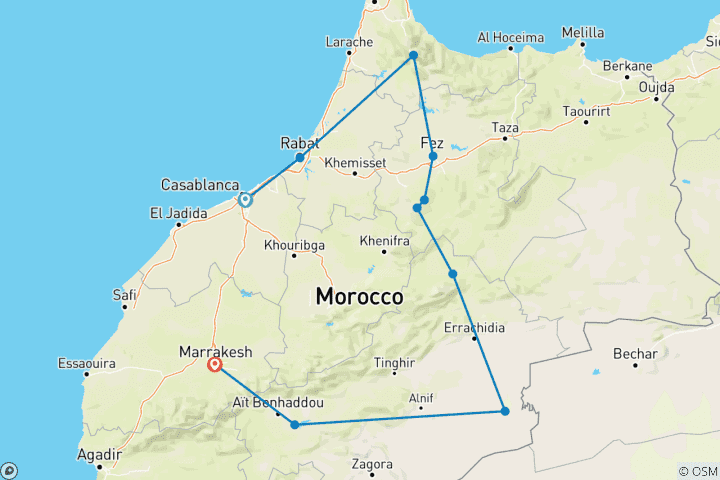 Map of Private 5 days  from Casablanca to Marrakech Visiting Chefchaouen, Fes & desert