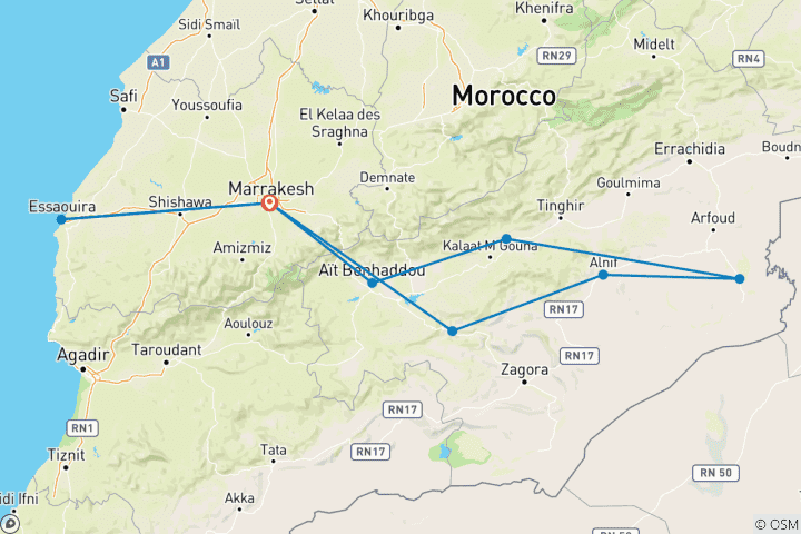 Carte du circuit 7 jours d'excursion dans le désert du Sahara au départ de Marrakech