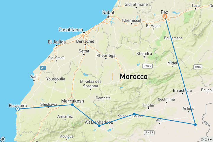 Carte du circuit 5 jours d'excursion dans le désert d'Essaouira à Fès