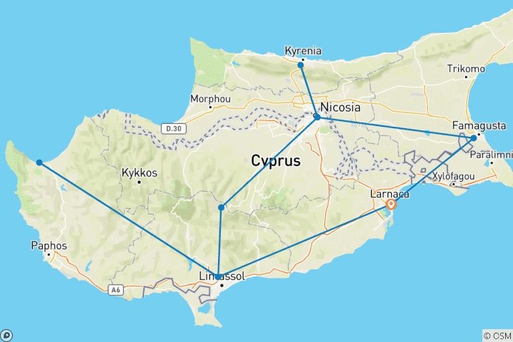 Carte du circuit Circuit familial sur mesure de 7 jours à Chypre, avec départ quotidien et voiture privée