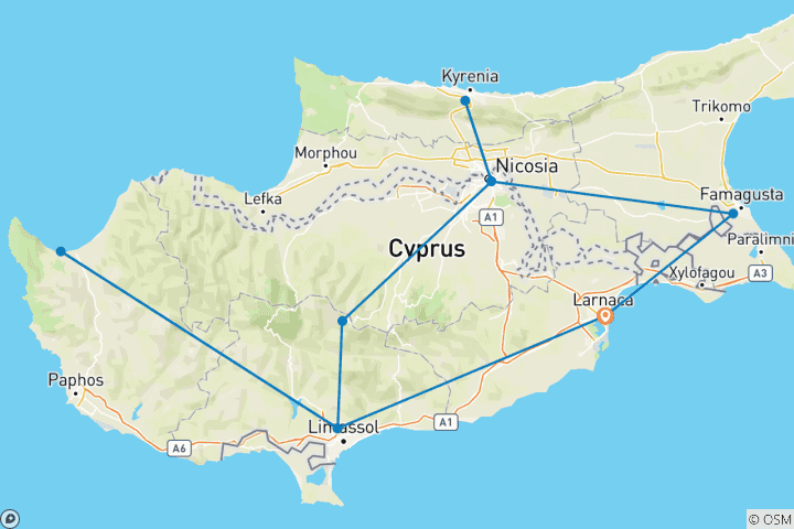 Kaart van Op maat gemaakte 7-daagse rondreis met gids voor het hele gezin door Cyprus, dagelijks vertrek & privé-auto