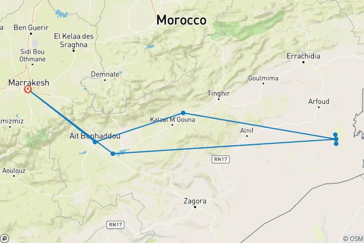 Karte von 9-tägige Marokko Tour: Marrakesch, Wüste Sahara & Atlasgebirge