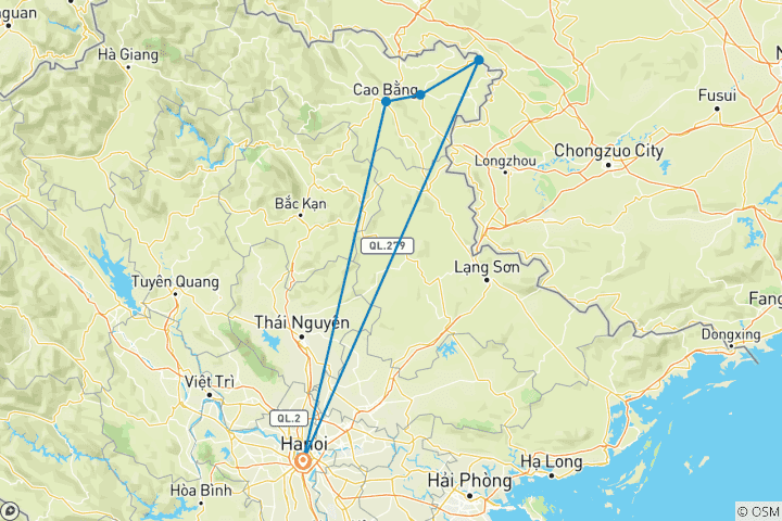 Kaart van Cao Bang avonturenroutes 5 dagen 4 nachten
