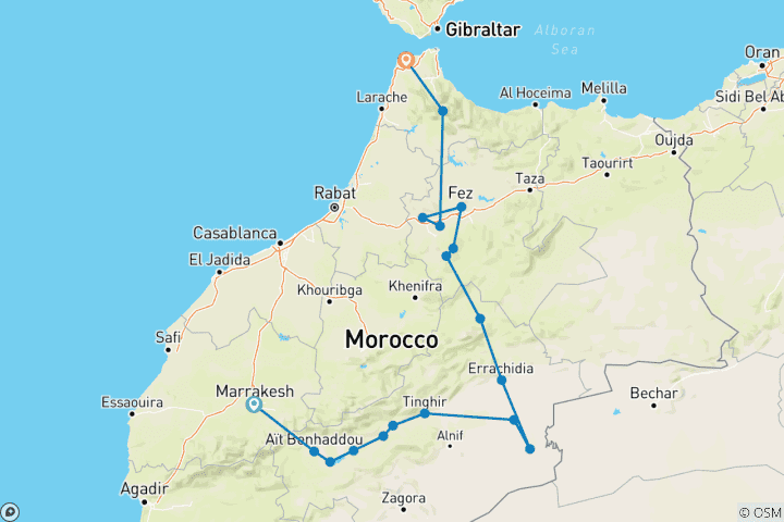 Map of 6-Day Private Tour from Marrakech to Tangier: Explore the Desert, Fes, Chefchaouen, and More