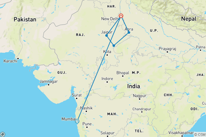 Map of 7 Days Golden Triangle Tour with Ranthambore from Mumbai by Flight