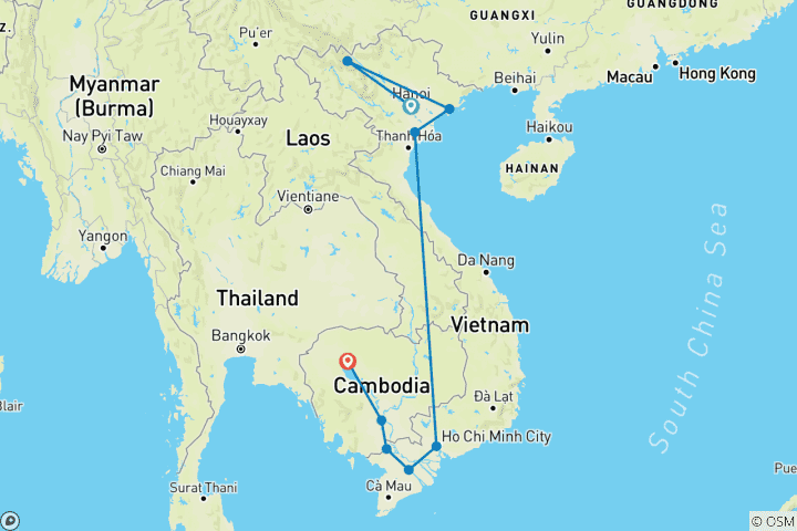 Map of Discover The Beauty of Vietnam and Cambodia  16 days 15 nights, Chau Doc exit to Phnom Penh by Express boat