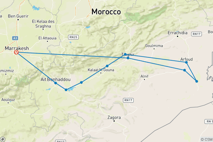 Map of Private 6-Day through Marrakech & the Sahara Desert