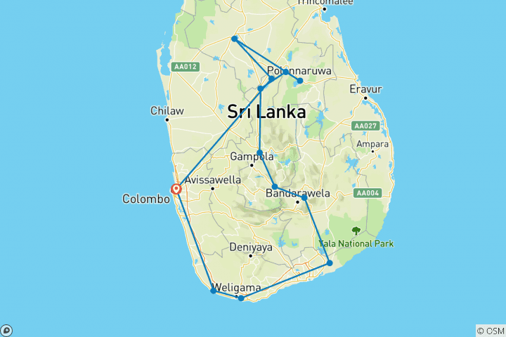 Karte von Sri Lanka Rundreise (Autotour mit privatem Fahrer, 13 Tage)