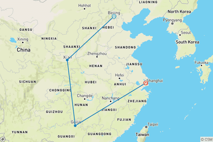 Carte du circuit 11 jours en petit groupe pour découvrir les grandes merveilles de la Chine