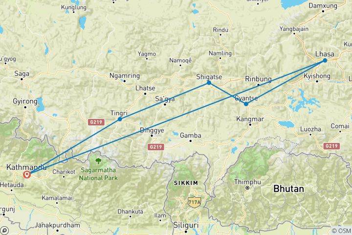 Mapa de Tíbet por tierra con el EBC 8 días