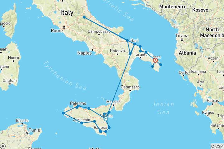 Karte von Sizilianische Geheimnisse Tour durch Sizilien, Matera und Apulien