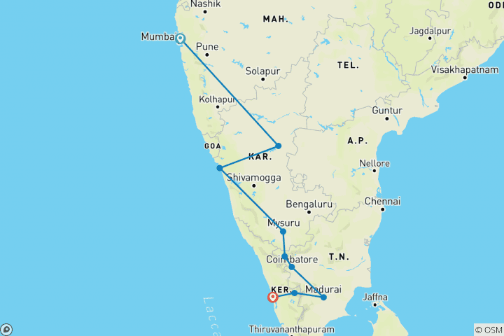 Mapa de Sur de la India: Elefantes, plantaciones de té, ciudades y el mar