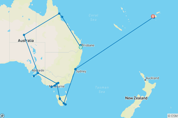 Carte du circuit Safari en Australie avec Fidji