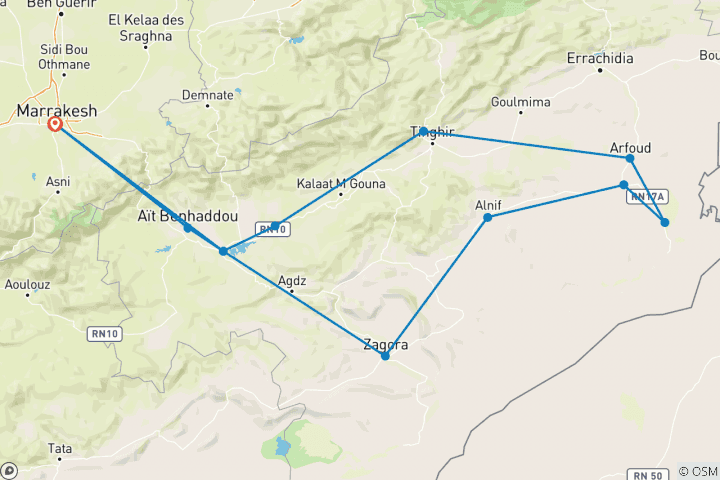 Karte von 10-tägige Luxusreise durch Marokko: Kaiserliche Städte, Wüste Sahara & verborgene Juwelen