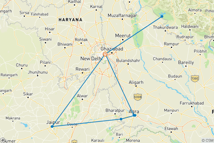 Map of Golden Triangle Tour with Jim Corbett National Park