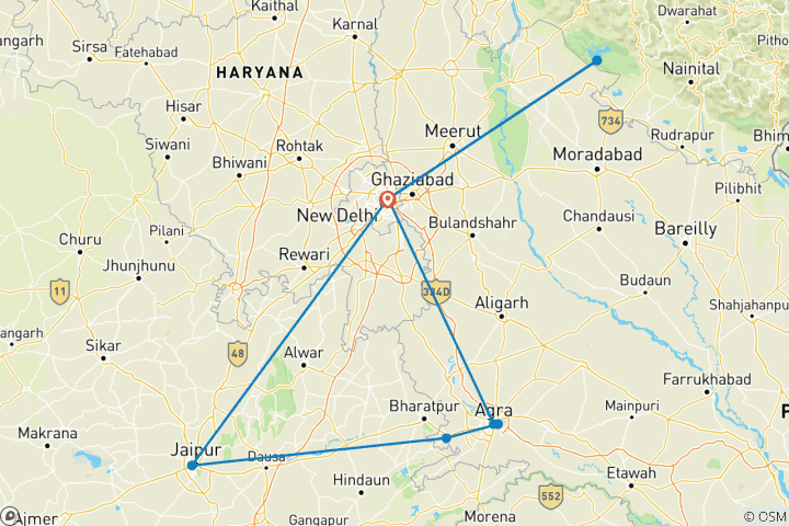 Map of Golden Triangle Tour with Jim Corbett National Park