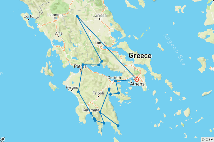 Map of 6 Day Tour to Mythical Castles of Peloponnese, Olympia, Delphi, Meteora