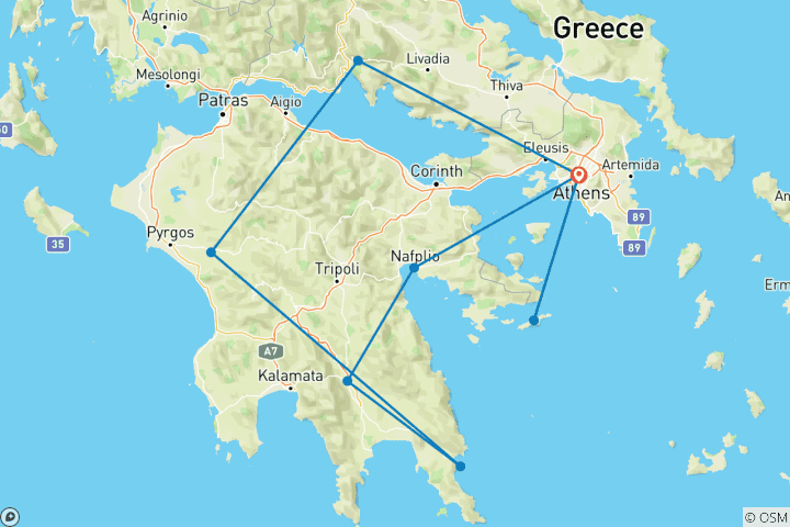 Mapa de Excursión de 6 días por el Peloponeso Antiguo, Delfos y Crucero por las Islas Sarónicas