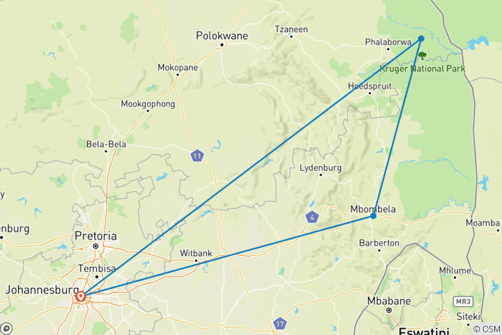 Map of Johannesburg Adventure Safari 4 Day/ 3 Nights ( Comfort)