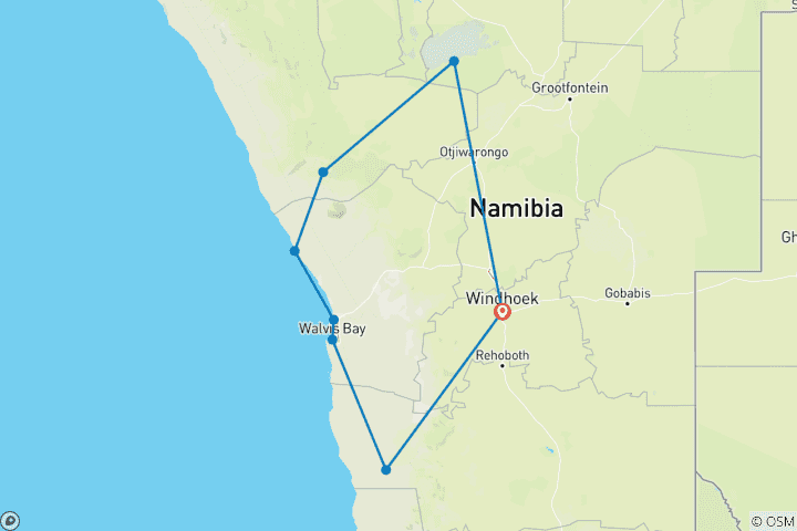 Map of Namibian Discovery Safari 10 Days/ 9 Nights ( Comfort)