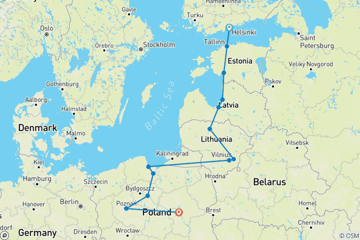 Map of Helsinki to Warsaw