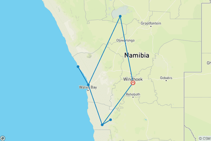 Map of 8-Day Etosha NP, Swakopmund & Sossusvlei ( Comfort)