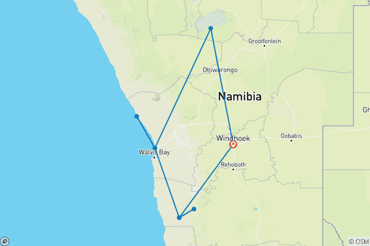 Map of 8-Day Etosha NP, Swakopmund & Sossusvlei ( Comfort)