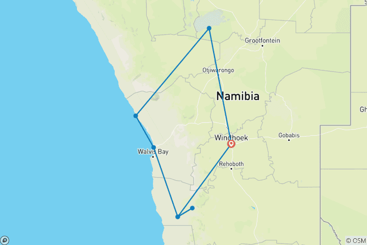 Map of 7 Days / 6 Nights Sossusvlei, Swakopmund and Etosha National Park