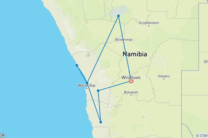 Mapa de 7 días / 6 noches Parque Nacional de Sossusvlei, Swakopmund y Etosha - confort