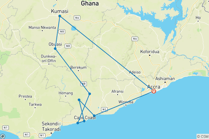 Map of Ghanaian Adventure Safari 8 Days / 7 Nights ( Comfort Plus )