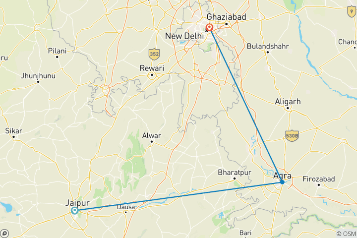Map of Private 4 Days Golden Triangle Tour with Hotels from Jaipur