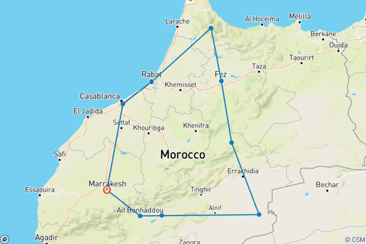 Map of Morocco Tours - 6 days Round trip from Marrakech