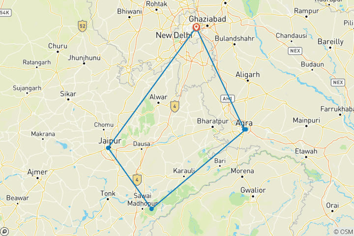Map of Private 7-Day Oberoi Luxury India Tour with Taj Mahal & Ranthambore Tiger Safari