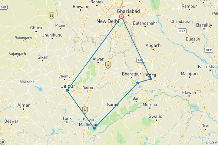 Map of 8-Day Ultimate Oberoi Luxury Tour: Taj Mahal & Ranthambore Tiger Safari