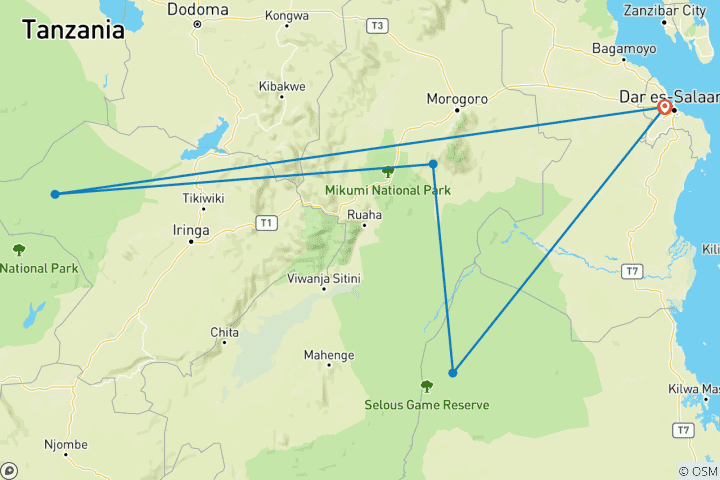 Karte von 9 Tage Juwelen aus Südtansania fliegen in Safari