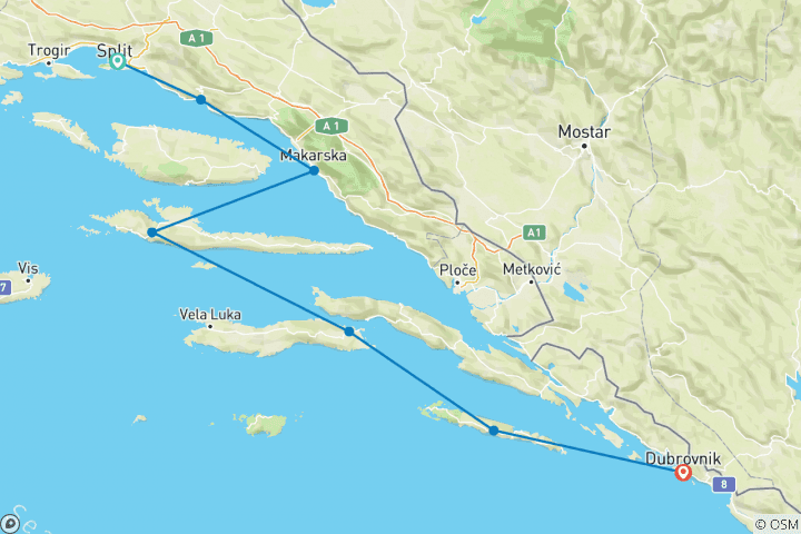 Map of Stoke Afloat Croatia (7 nights - Split to Dubrovnik)